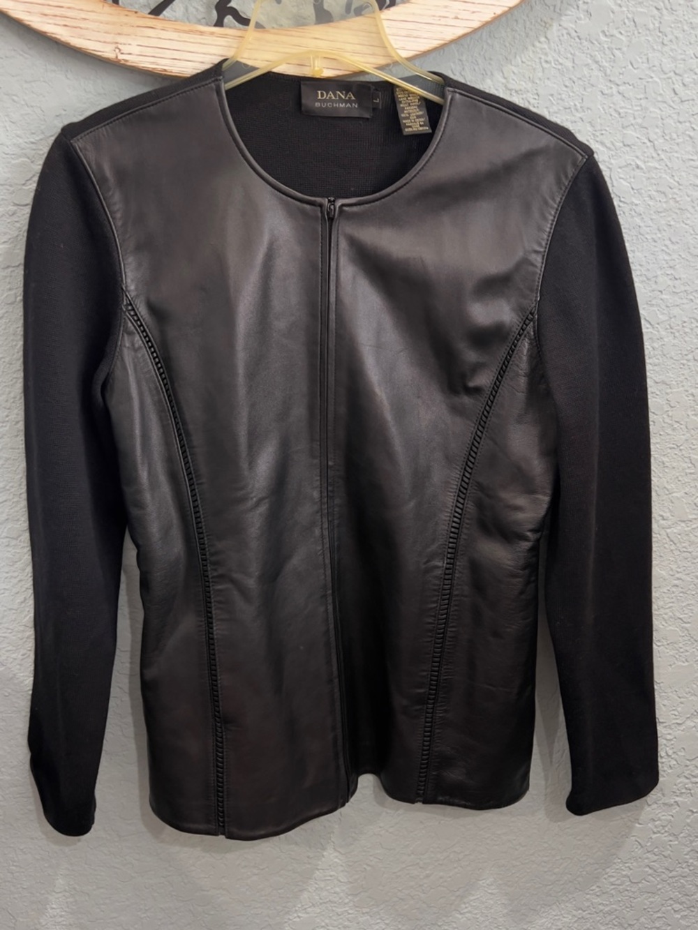 Dana Buchman Full Zip Cardigan Womens Petite Merino Wool And Genuine Leather